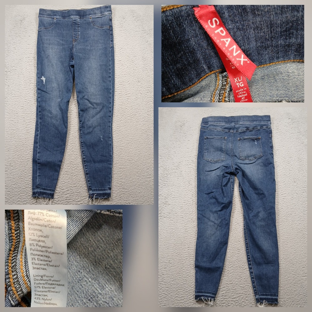 Spanx Women's Distressed Skinny Jeans Size XL Blue Denim Frayed‎ Hem Pull-On